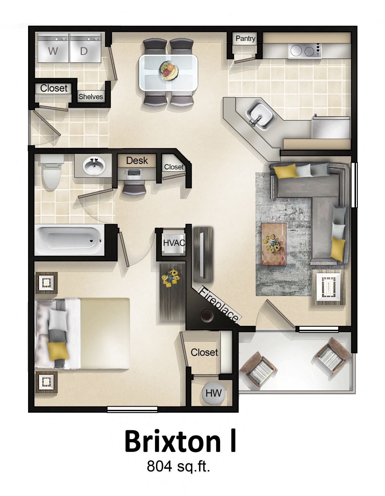 Floor plan for 1 bed, 1 bath, 871 sqft